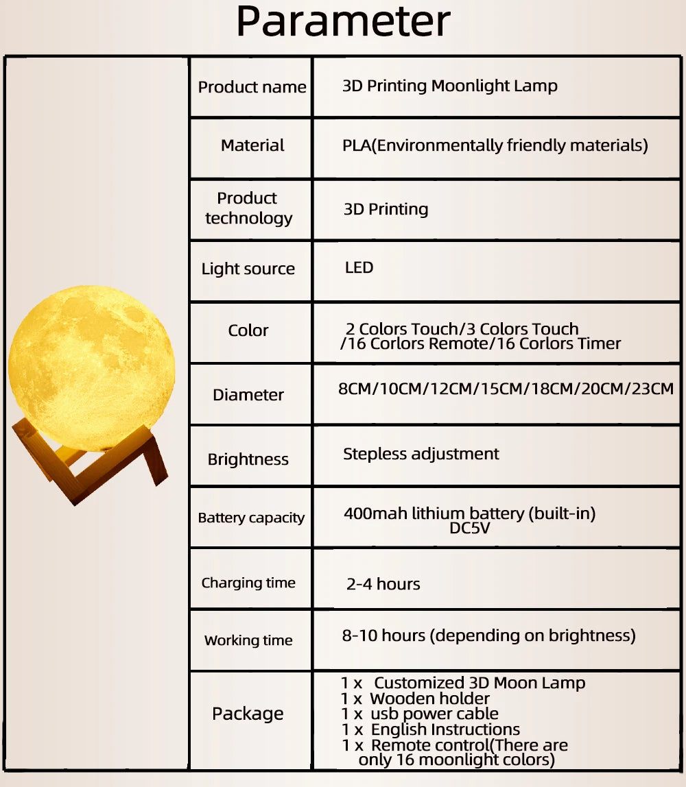 Printing Moon Lamp Customized Photo Text Night Light USB Rechargeable