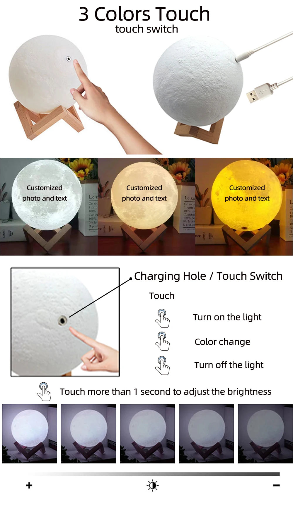 Printing Moon Lamp Customized Photo Text Night Light USB Rechargeable