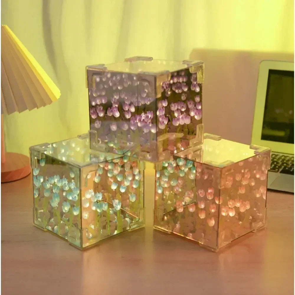 HOT DIY Tulip Sea Rubik's Cube Mirror Night Light Car Decoration