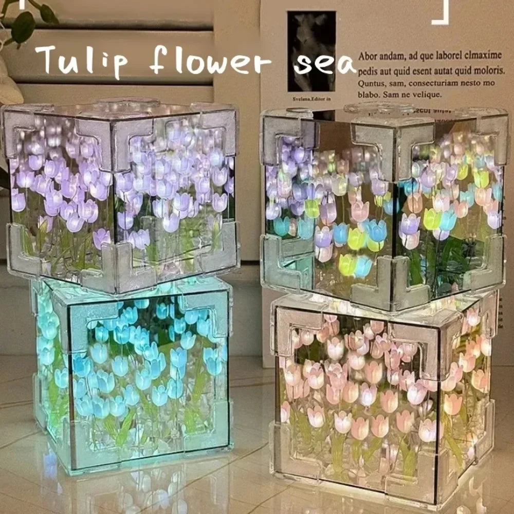 HOT DIY Tulip Sea Rubik's Cube Mirror Night Light Car Decoration
