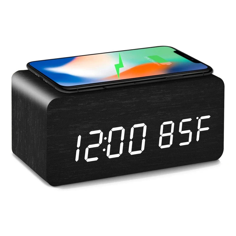 Voice Control Wooden Digital Alarm Clock Wireless Charging Temperature