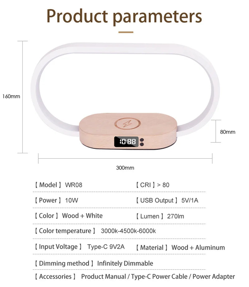 Multifunction Wireless Charger Pad Stand Clock LED Desk Lamp Night