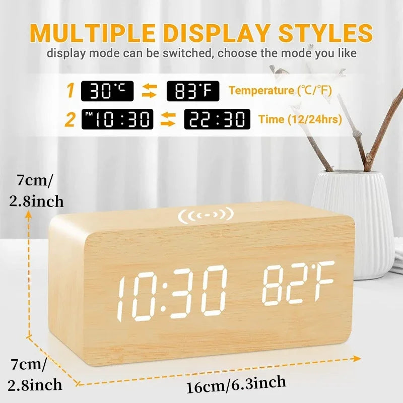 Voice Control Wooden Digital Alarm Clock Wireless Charging Temperature