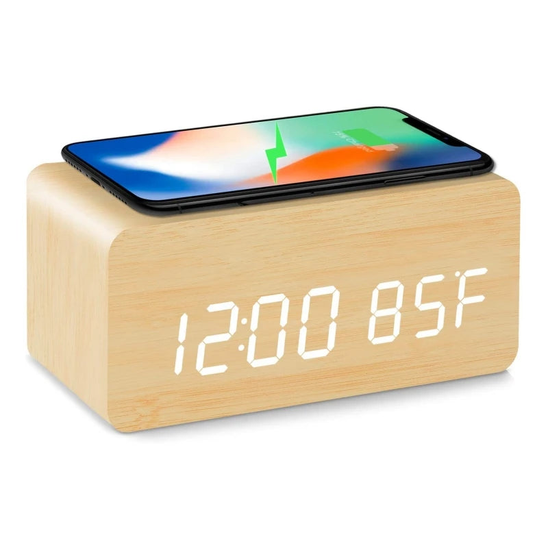 Voice Control Wooden Digital Alarm Clock Wireless Charging Temperature