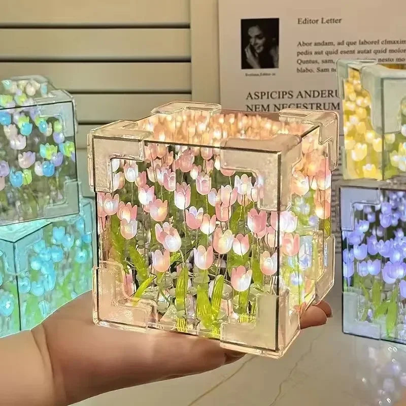 HOT DIY Tulip Sea Rubik's Cube Mirror Night Light Car Decoration