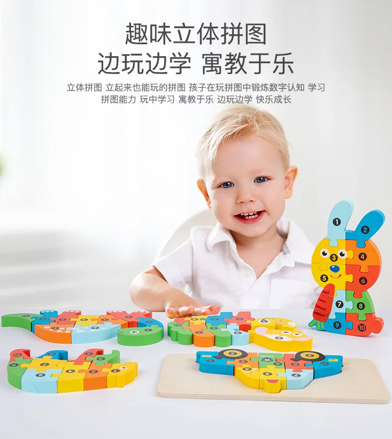 Stereoscopic Montessori Wooden Puzzle Cartoon Dinosaur Animal Shape