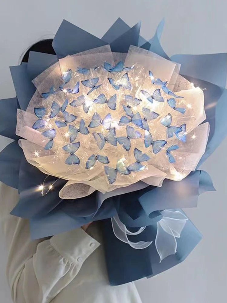 3 Colors Butterfly Bouquets Material Set With Light String DIY Handmade Wedding Dinner Party Birthday Decor Girlfriend Gift