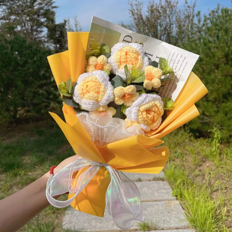 Finished Knitted flowers Sunflowers crochet Bouquet Creative Knited Flowers