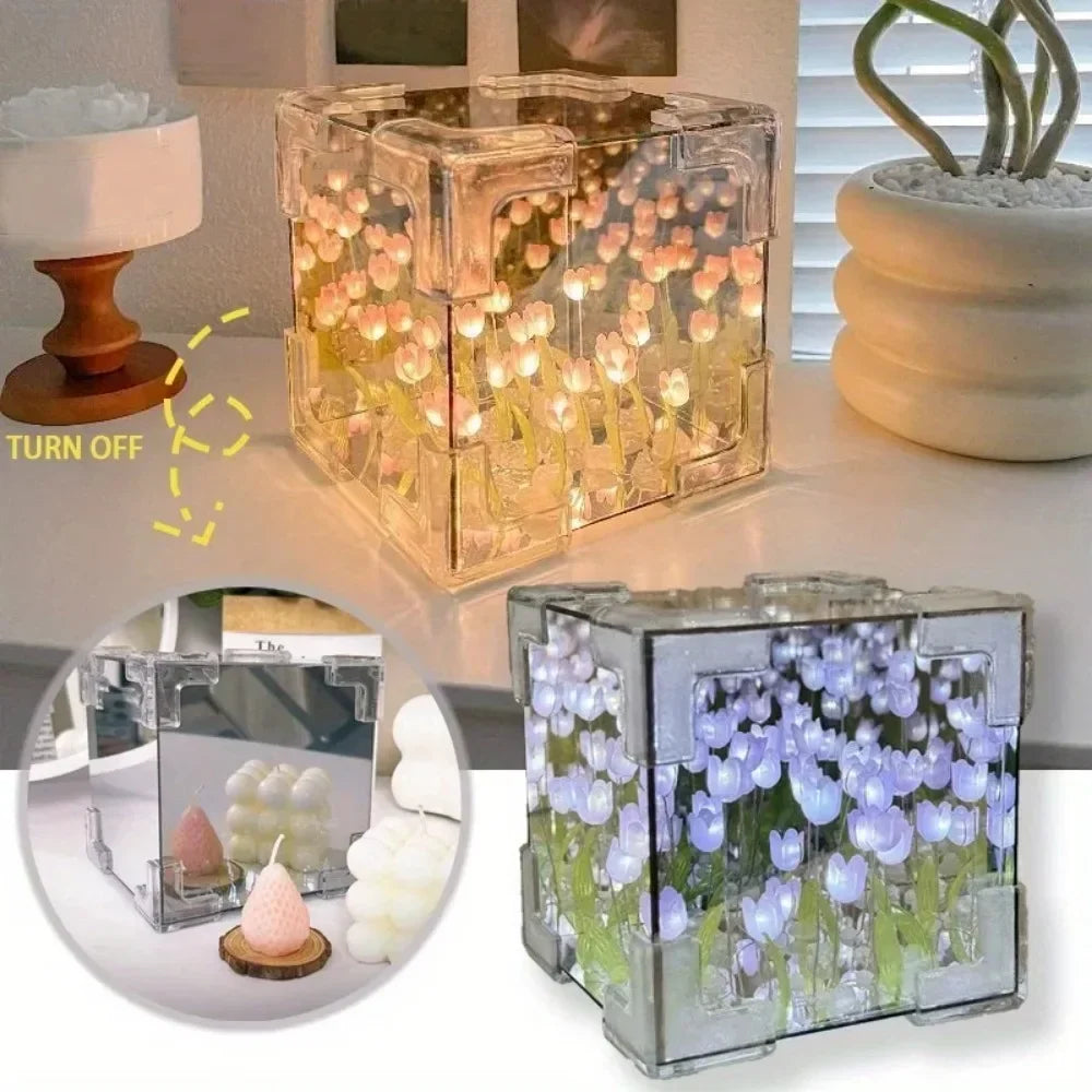 HOT DIY Tulip Sea Rubik's Cube Mirror Night Light Car Decoration