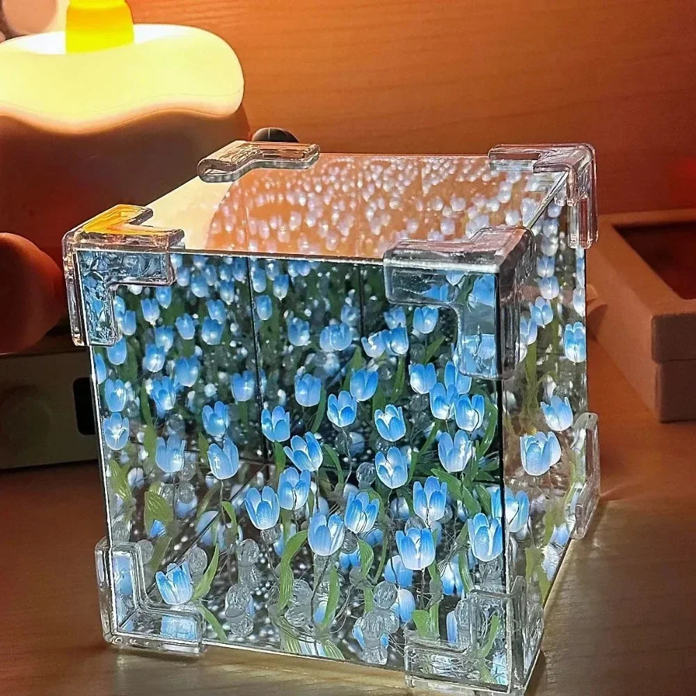 HOT DIY Tulip Sea Rubik's Cube Mirror Night Light Car Decoration
