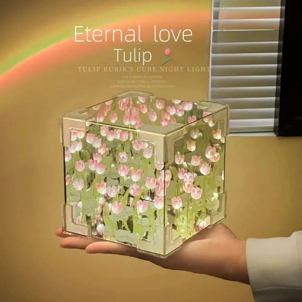 HOT DIY Tulip Sea Rubik's Cube Mirror Night Light Car Decoration
