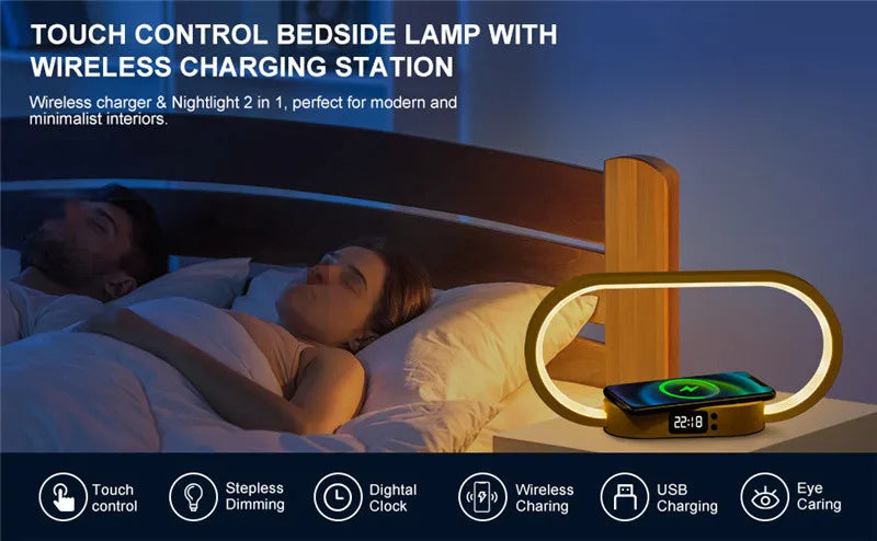 Multifunction Wireless Charger Pad Stand Clock LED Desk Lamp Night