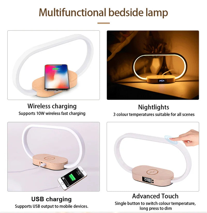 Multifunction Wireless Charger Pad Stand Clock LED Desk Lamp Night