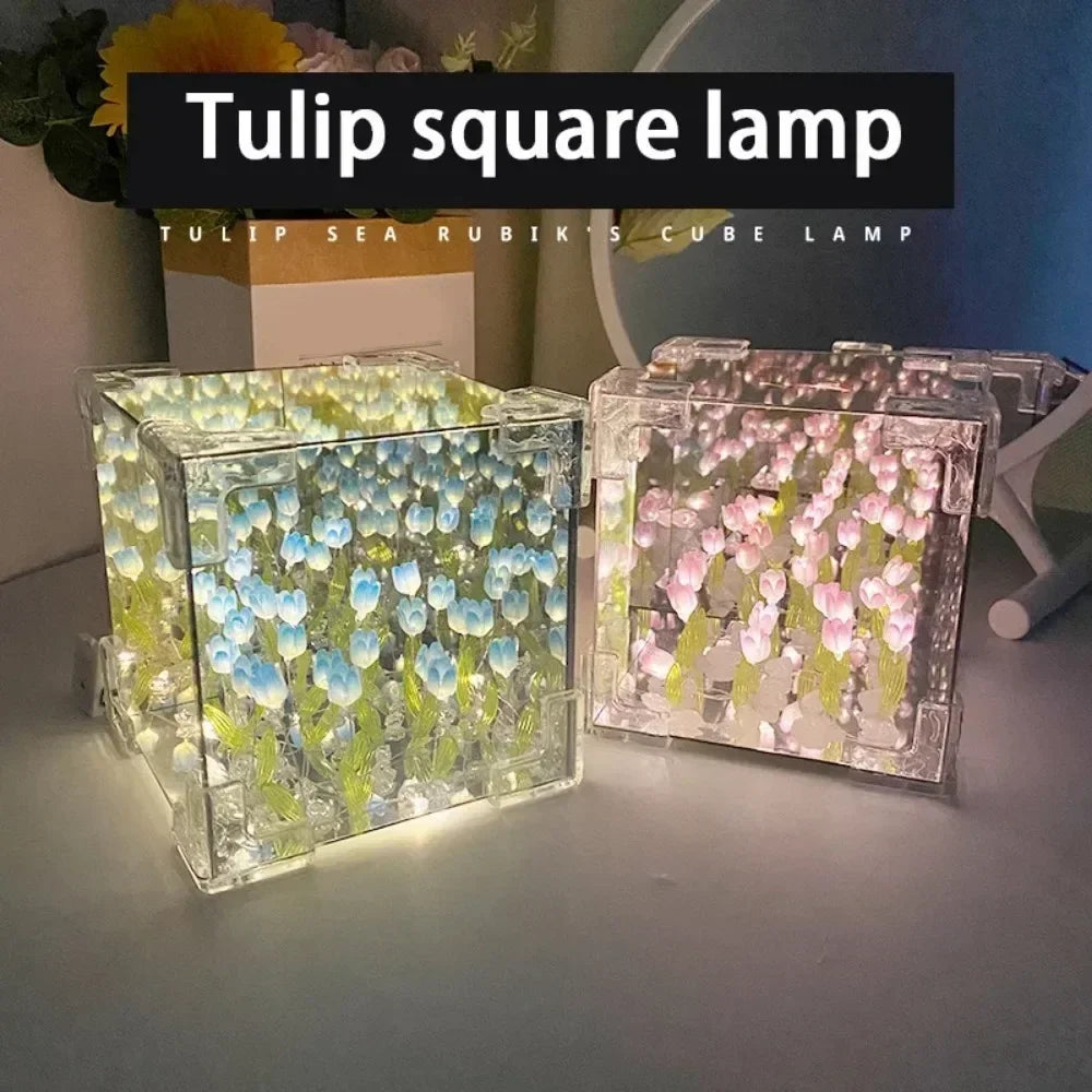 HOT DIY Tulip Sea Rubik's Cube Mirror Night Light Car Decoration