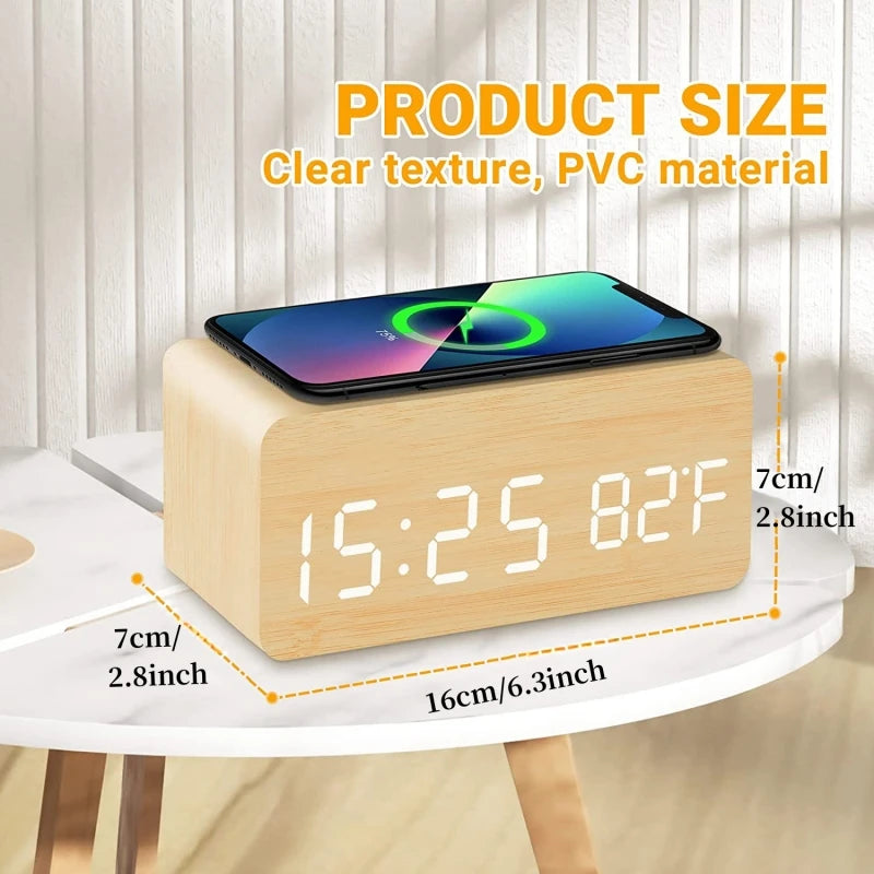 Voice Control Wooden Digital Alarm Clock Wireless Charging Temperature