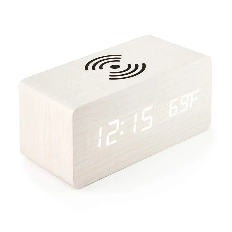 Voice Control Wooden Digital Alarm Clock Wireless Charging Temperature