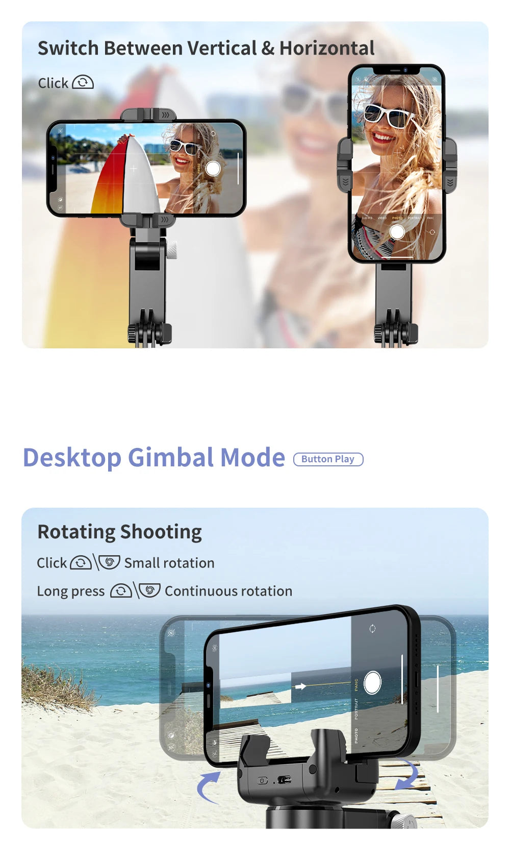 360 Rotation Following Shooting Mode Gimbal Stabilizer Selfie Stick