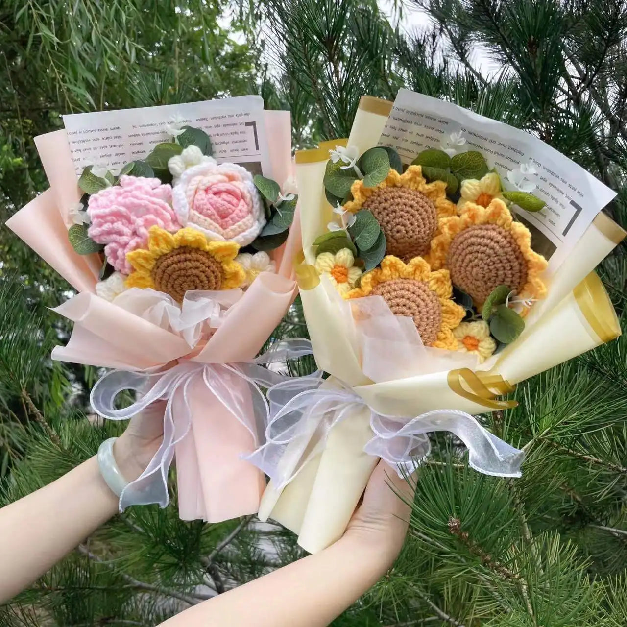 Finished Knitted flowers Sunflowers crochet Bouquet Creative Knited Flowers
