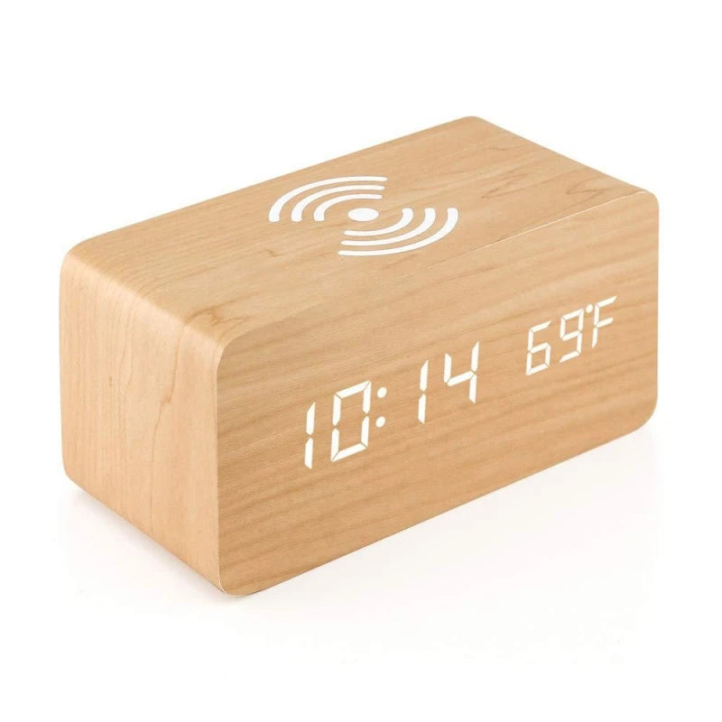 Voice Control Wooden Digital Alarm Clock Wireless Charging Temperature