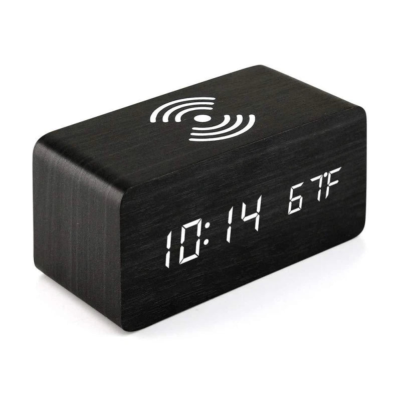 Voice Control Wooden Digital Alarm Clock Wireless Charging Temperature