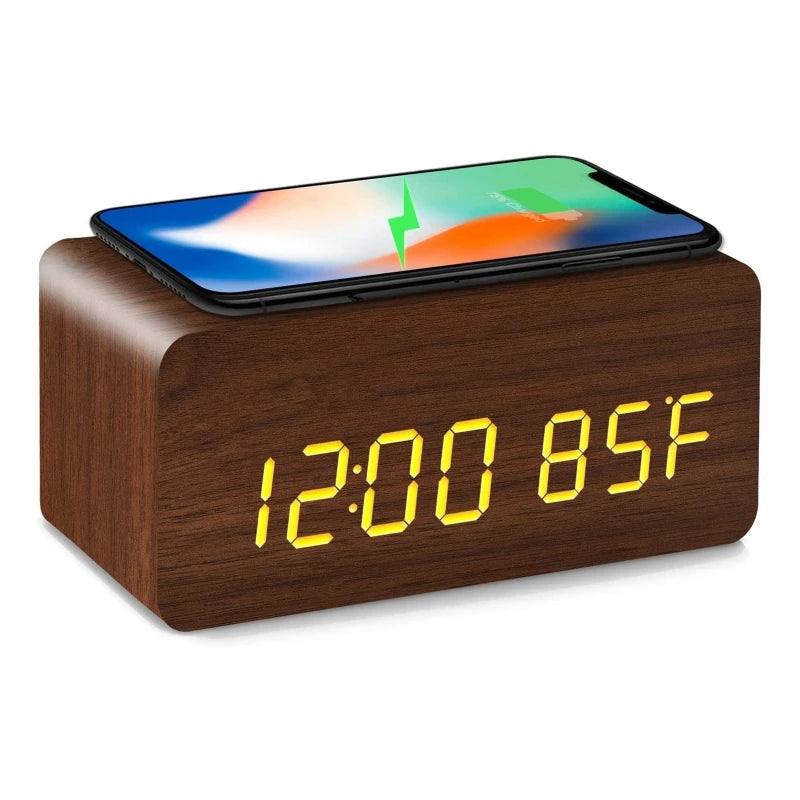 Voice Control Wooden Digital Alarm Clock Wireless Charging Temperature