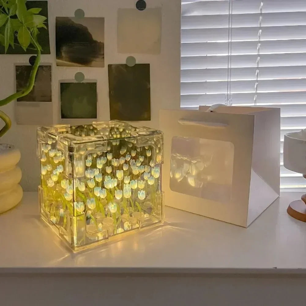 HOT DIY Tulip Sea Rubik's Cube Mirror Night Light Car Decoration