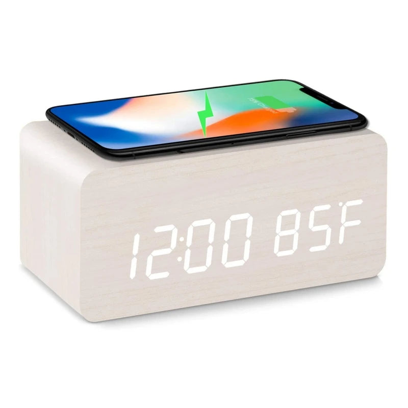 Voice Control Wooden Digital Alarm Clock Wireless Charging Temperature