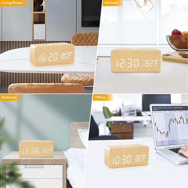 Voice Control Wooden Digital Alarm Clock Wireless Charging Temperature