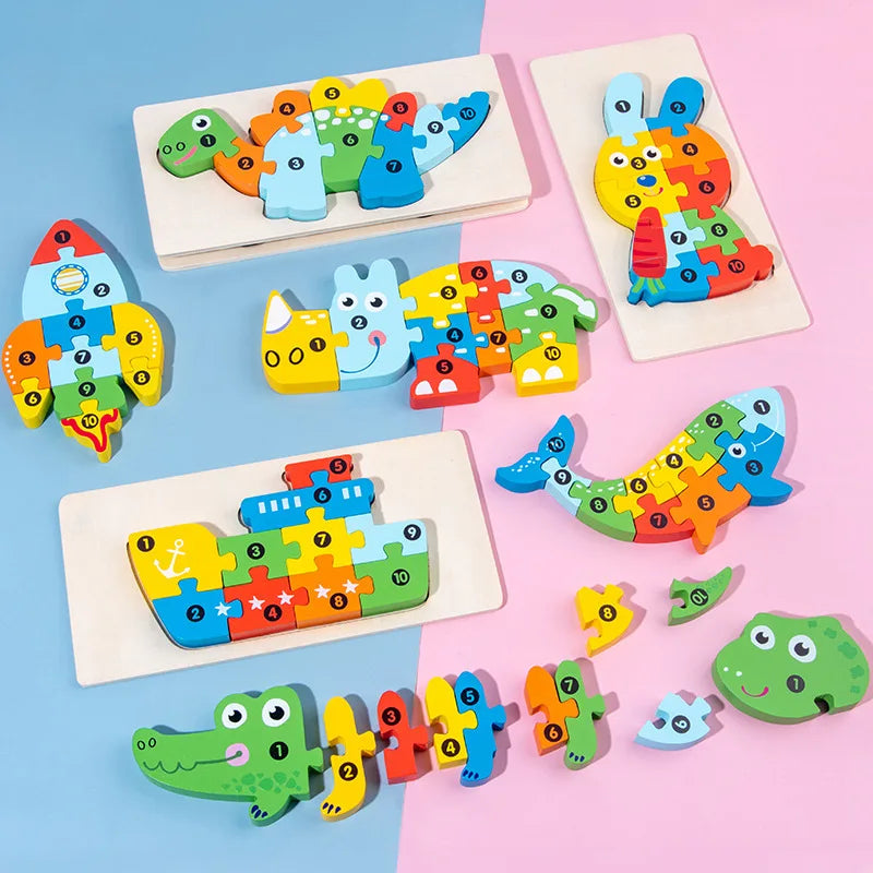Stereoscopic Montessori Wooden Puzzle Cartoon Dinosaur Animal Shape