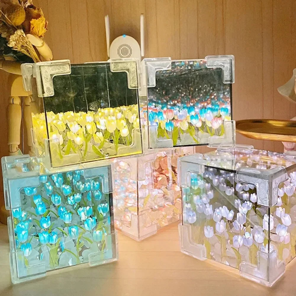 HOT DIY Tulip Sea Rubik's Cube Mirror Night Light Car Decoration
