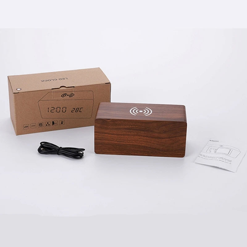 Voice Control Wooden Digital Alarm Clock Wireless Charging Temperature