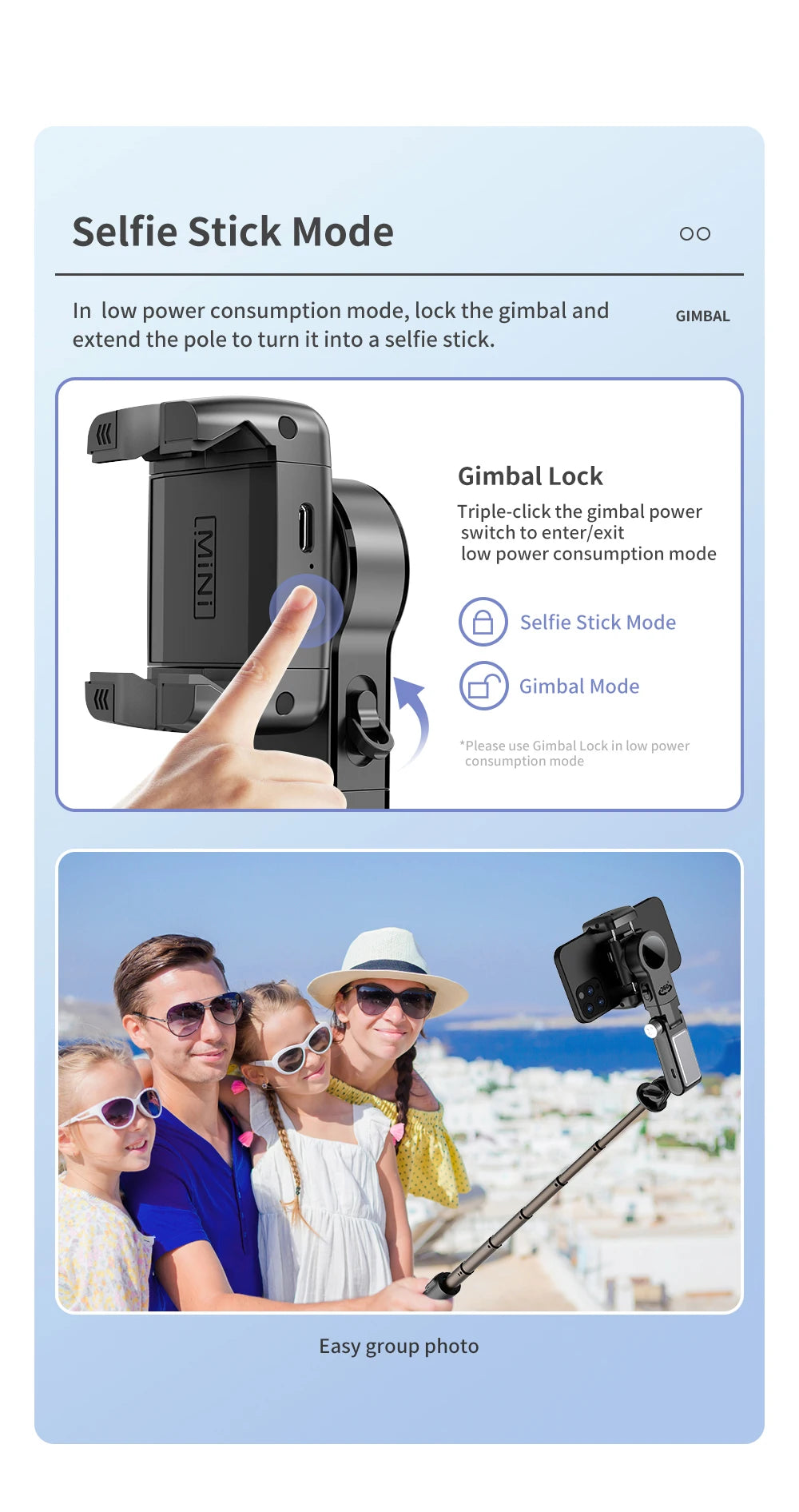 360 Rotation Following Shooting Mode Gimbal Stabilizer Selfie Stick