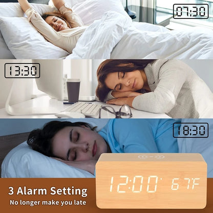 Voice Control Wooden Digital Alarm Clock Wireless Charging Temperature