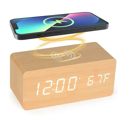 Voice Control Wooden Digital Alarm Clock Wireless Charging Temperature