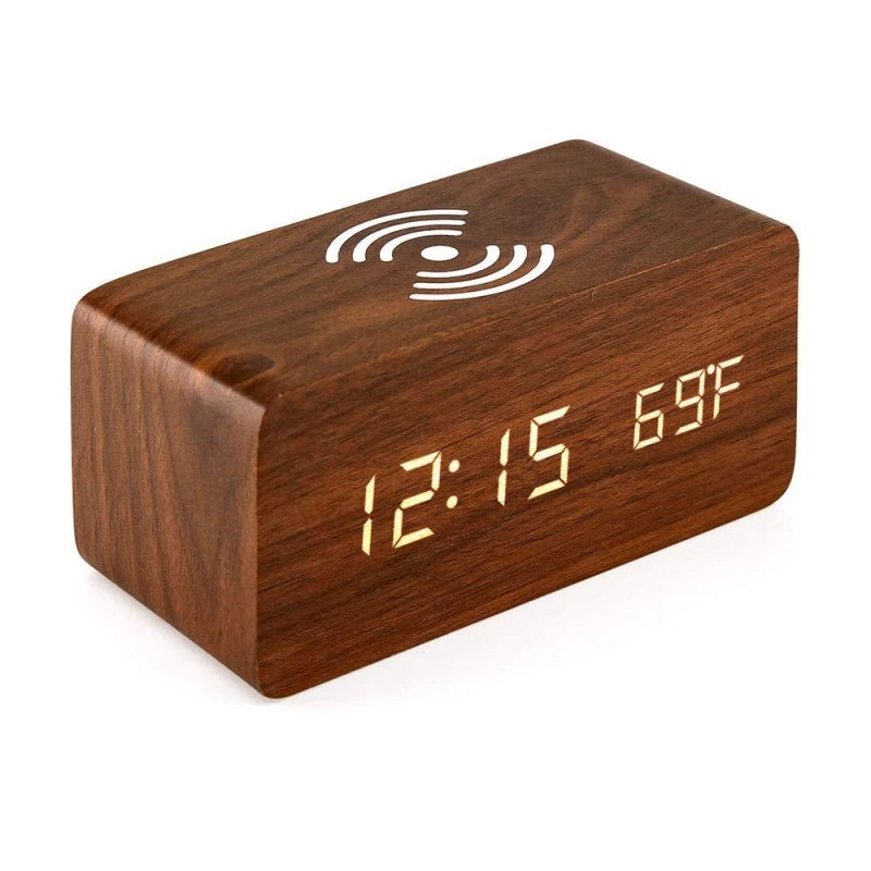Voice Control Wooden Digital Alarm Clock Wireless Charging Temperature
