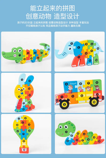 Stereoscopic Montessori Wooden Puzzle Cartoon Dinosaur Animal Shape